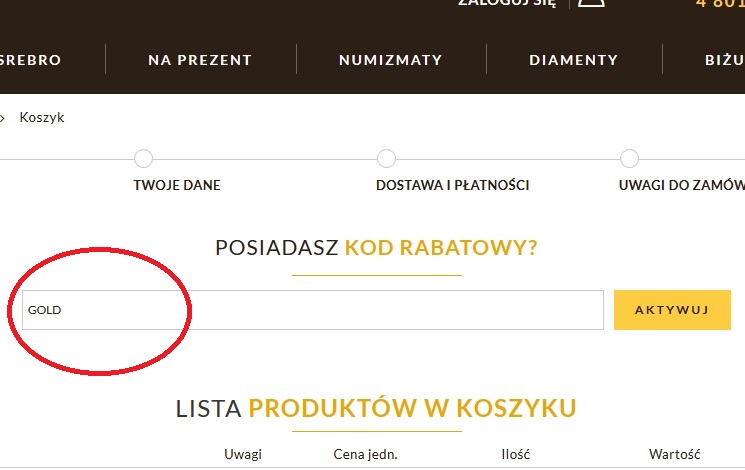 Kod rabatowy GOLD - Mennica Skarbowa kod rabatowy złoto